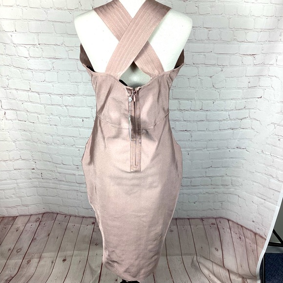 NWT MISSGUIDED Bandage Bodycon Panelled Front Plunge MIDI Dress Mauve Size 12 - Picture 2 of 11